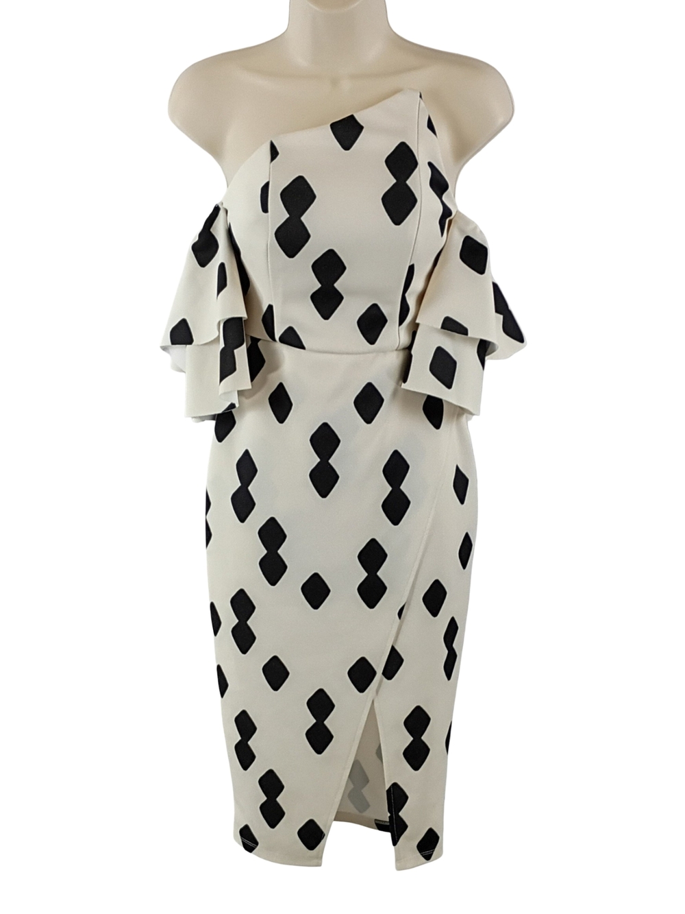 ASOS Cream Strapless Midi Dress with Black Geometric Print
